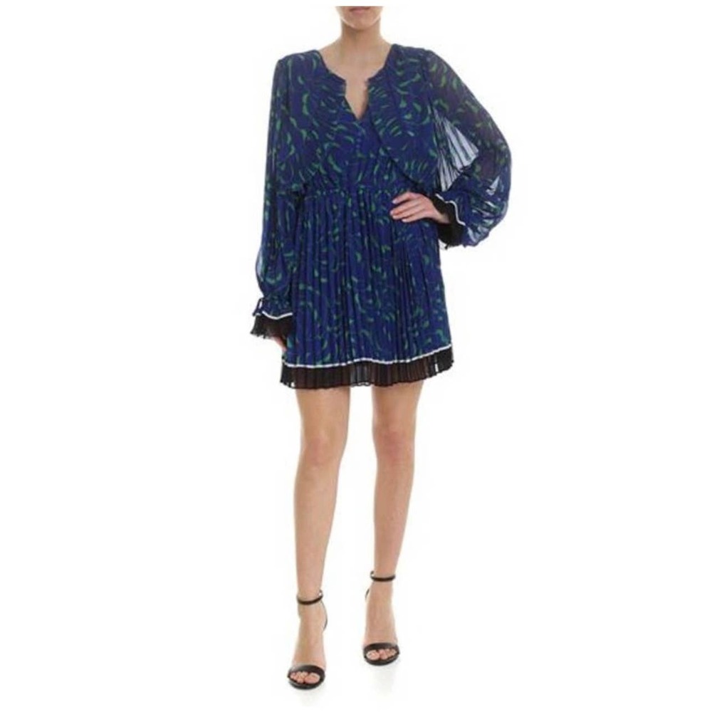 Self Portrait Blue Crescent Chiffon Printed Cape Dress Size 4 NWT